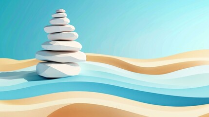 Sticker - Discover tranquility in a minimalist illustration featuring serene rocks and sand that embody natures calming essence.