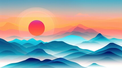 Wall Mural - Enjoy a stunning flat illustration of a sunrise illuminating misty peaks, rich in color and modern artistic flair.