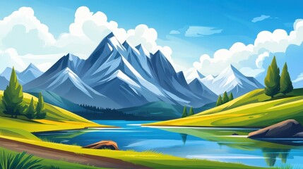 Sticker - Discover serenity in this charming flat illustration of mountains and a tranquil lake, enriched with textured art elements.