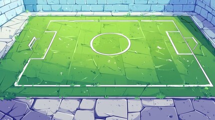 A minimalist soccer field depicted from above, featuring a sleek flat design with playful textures and vibrant lines.