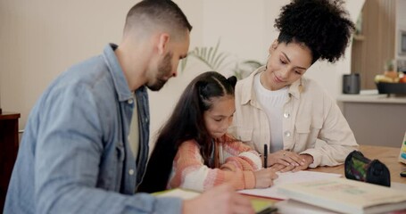 Wall Mural - Parents, daughter or homework with smile, helping and writing for learning support at dining table of home. Family, man or woman with girl child, math or homeschooling in living room of house or care