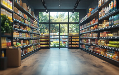 Wall Mural - Blurry shopping shelves in supermarkets and department stores