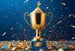 © royyan77 - Golden Trophy Shining Brightly Amidst Vibrant Confetti on a Bold blue Background