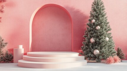 3D rendered background featuring an abstract podium and wall scene designed for product presentation and brand advertising Festive background with a coniferous tree