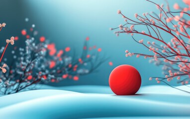Aufkleber - 3D rendering of an abstract blue background featuring a red snowball and trees Ideal for Christmas themes advertising technology showcases banners cosmetics and fashion New Year illustration suita