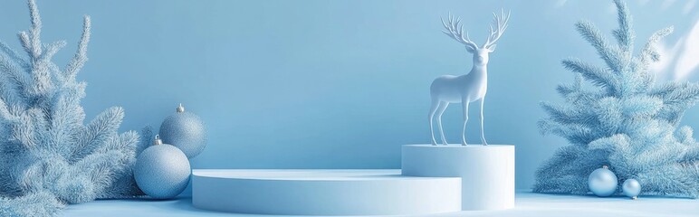 Aufkleber - 3D rendering of an abstract holiday scene featuring a blue background and a white podium with a reindeer