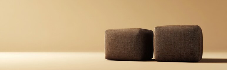 3D rendering of a minimalistic background featuring two brown fabric boxes