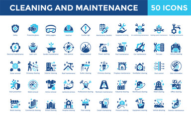 Poster - Cleaning and Maintenance icon set with safety, protective gloves, safety goggles, hard hat, caution sign, maintenance checklist, equipment servicing, air conditioning icon. Simple flat vector 
