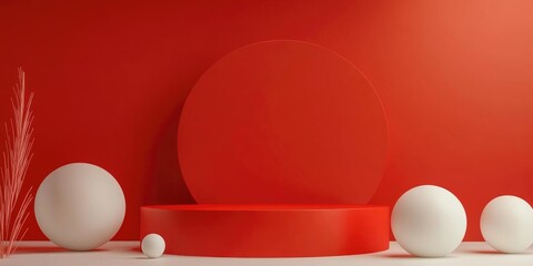 Wall Mural - 3D rendering of a minimalistic backdrop for cosmetic cream products featuring a contemporary red podium