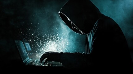 Mysterious Hacker Silhouette Typing on Laptop in Dark Room