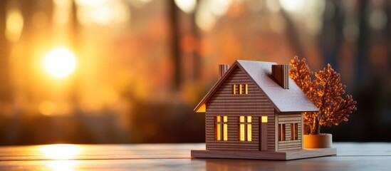 wooden house model on a table with blurred background. ultra realistic photography. copy space.