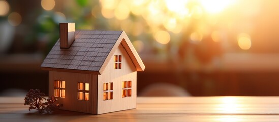 wooden house model on a table with blurred background. ultra realistic photography. copy space.