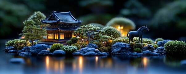 Wall Mural - A 3D Kyoto temple with soft glowing lights, representing the cultural heritage of Japan.