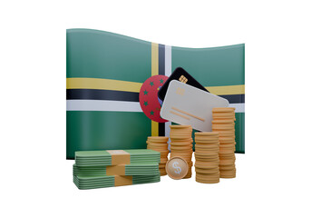 3D render illustration of Dominica flag and currency called East Caribbean Dollar