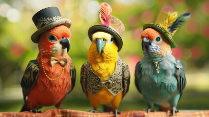 Three parrots in colorful outfits.