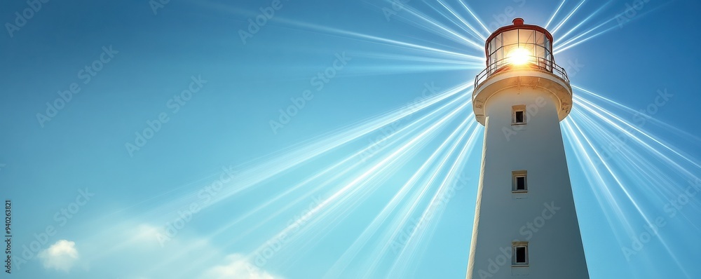 lighthouse stands tall against a bright blue sky, radiating beams of ...
