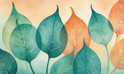 an abstract composition where teal and aqua leaf silhouettes overlap against a gradient background transitioning from light yellow to peach using watercolor techniques.