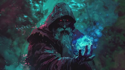 Fantasy illustration of a man with magical ball in his hands.