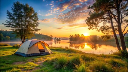 Sticker - Campsite at sunrise in a tranquil, serene setting , camping, tent, outdoors, nature, sunrise, morning, adventure