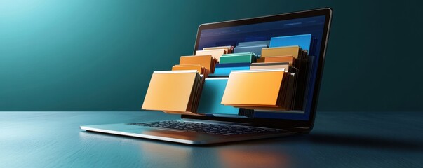 Digital organization concept with floating folder icons on a laptop screen, representing data management and tech innovation.