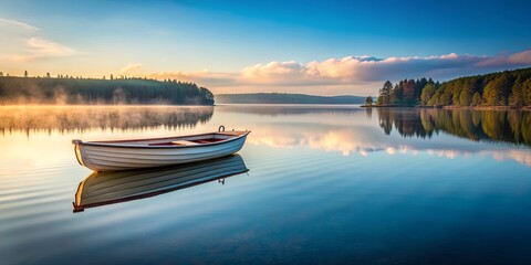 Poster - Boat floating peacefully on a tranquil lake, boat, water, serene, reflection, peaceful, nature, lake, tranquility