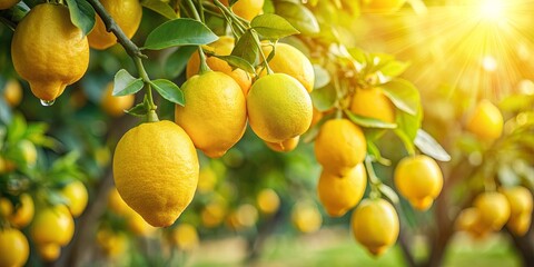 Wall Mural - Fresh lemons hanging from the tree in a sunny lemon farm, lemon, farm, fruits, agriculture, harvest, sunny, fresh, tree, orchard