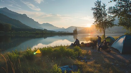 Wall Mural - A group of friends enjoy the sunrise while camping by a lake.