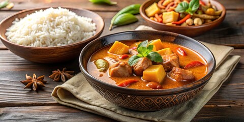 Massaman curry in bowl with rice, traditional Thai food, Massaman curry, bowl, rice, Thai, food, cuisine, spicy