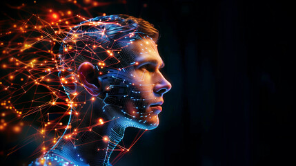 Side profile of human man face on dark background illuminated by glowing neon network nodes and interconnected pathways. Artificial intelligence concept