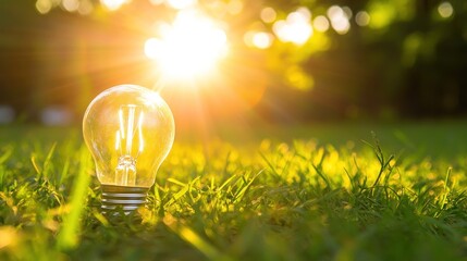 Poster - Light Bulb in Grass with Sun Setting