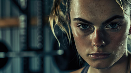 Wall Mural - A photographic style of a woman during a squat exercise, focusing on her concentrated facial expression, close-up view with the gym equipment