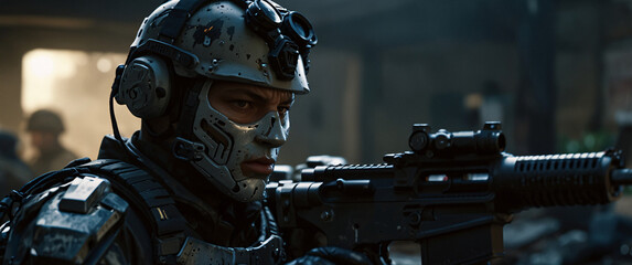 A cyborg soldier fighting in a warzone movie story seen trail cam footage, rear view, wide angle shot, a striking contrast against the soft, blurred background