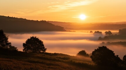 Poster - Golden Sunrise Over Foggy Valley