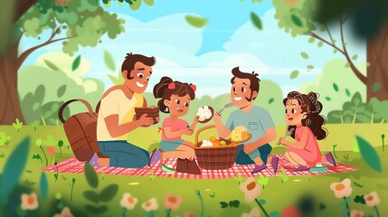 Wall Mural - A family is having a picnic on a sunny day.