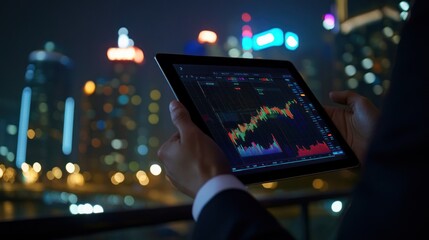 Canvas Print - Businessman Analyzing Financial Data in the Night City