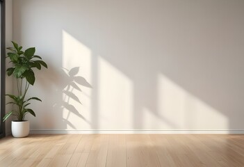 A minimalist interior with a wooden floor, a potted plant, and soft shadows from a window on the wall 