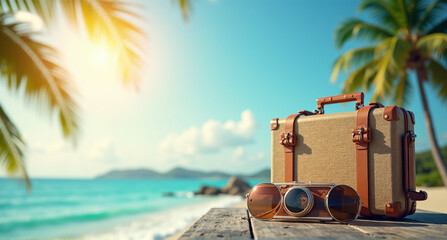 Wall Mural - travel suitcase on the beach