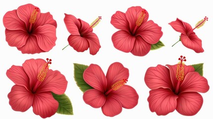 Wall Mural - Vibrant hibiscus flowers clipart collection perfect for various design projects, set against clean backgrounds for easy use.