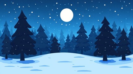 Canvas Print - A serene winter forest scene bathed in moonlight, featuring charming trees and a tranquil night sky in a flat cartoon style.