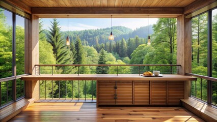cozy balcony with a wooden counter beneath a window overlooking trees in the landscape , cozy, balco