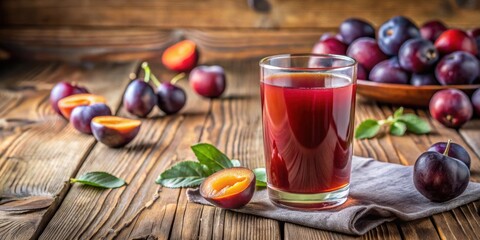 Plum juice in a glass on a wooden table, plum, juice, fruit, glass, refreshing, beverage, healthy, drink, wooden, table