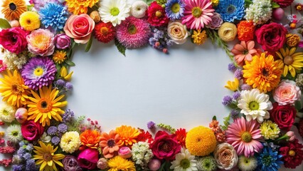 Wall Mural - Colorful frame made of various flowers on clear background, flowers, frame, colorful, vibrant, nature, background