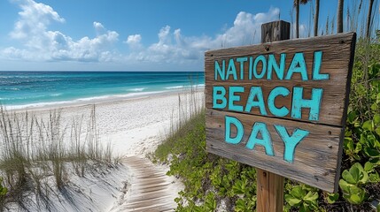 Wall Mural - A sign that reads “NATIONAL BEACH DAY” - A boardwalk leads to a pristine beach with blue-green water and white sand - holiday recognition - August - coast - Vacation - getaway 