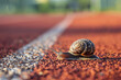© KirKam - Macro shot of a snail slowly crossing a vibrant red running track, metaphorically illustrating persistence and time.