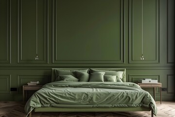 Wall Mural - Modern rich luxury bedroom with lime olive color bed velor and khaki dark green painting wall. Minimalist interior design home or hotel. Empty mockup wall for art. wood parquet details. 3d