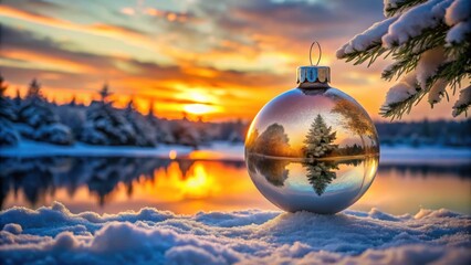 Wall Mural - Christmas ornament with a snowy winter sunset reflection , holiday, decoration, ornament, snow, winter, sunset