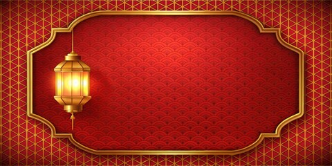 Lantern background with red and gold frame, rounded canvas, mysterious backdrop, zigzags, lantern, background, red, gold