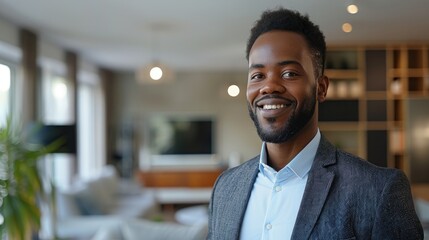 Confident man in a suit smiling indoors, professional setting with natural light and modern decor, providing a warm, welcoming atmosphere.