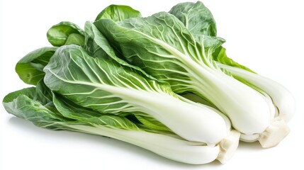 A bunch of fresh bok choy with white stems, ready to be used in stir-fries, soups, or salads. This vibrant green vegetable is a delicious and nutritious addition to any meal.