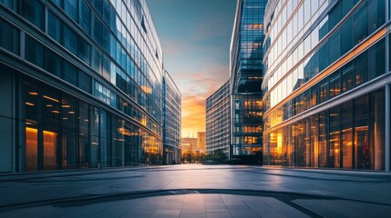 A captivating image showcasing modern urban architecture with sleek glass facade buildings. The setting sun casts a warm glow across the cityscape, creating a sense of progress and opportunity.